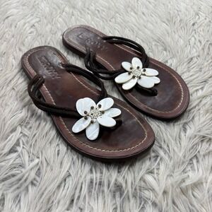 Vintage Y2K Roxy Women's 5 Brown Leather Floral Shell Beaded Flip Flop Sandals